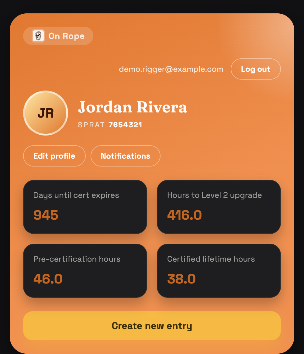 On Rope app home screen showing certification progress and logbook entries